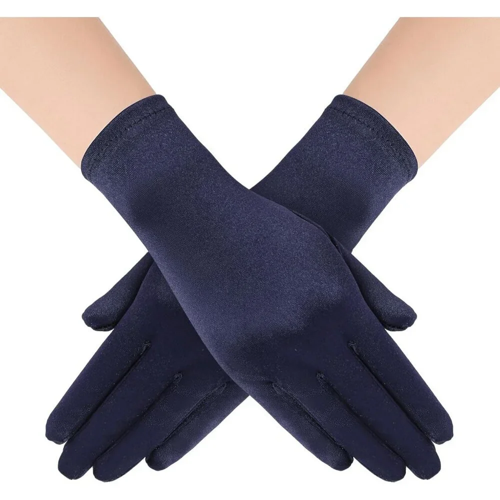 Women's Navy Blue Satin Silk Gloves Banquet Wedding Party Costume Accessories